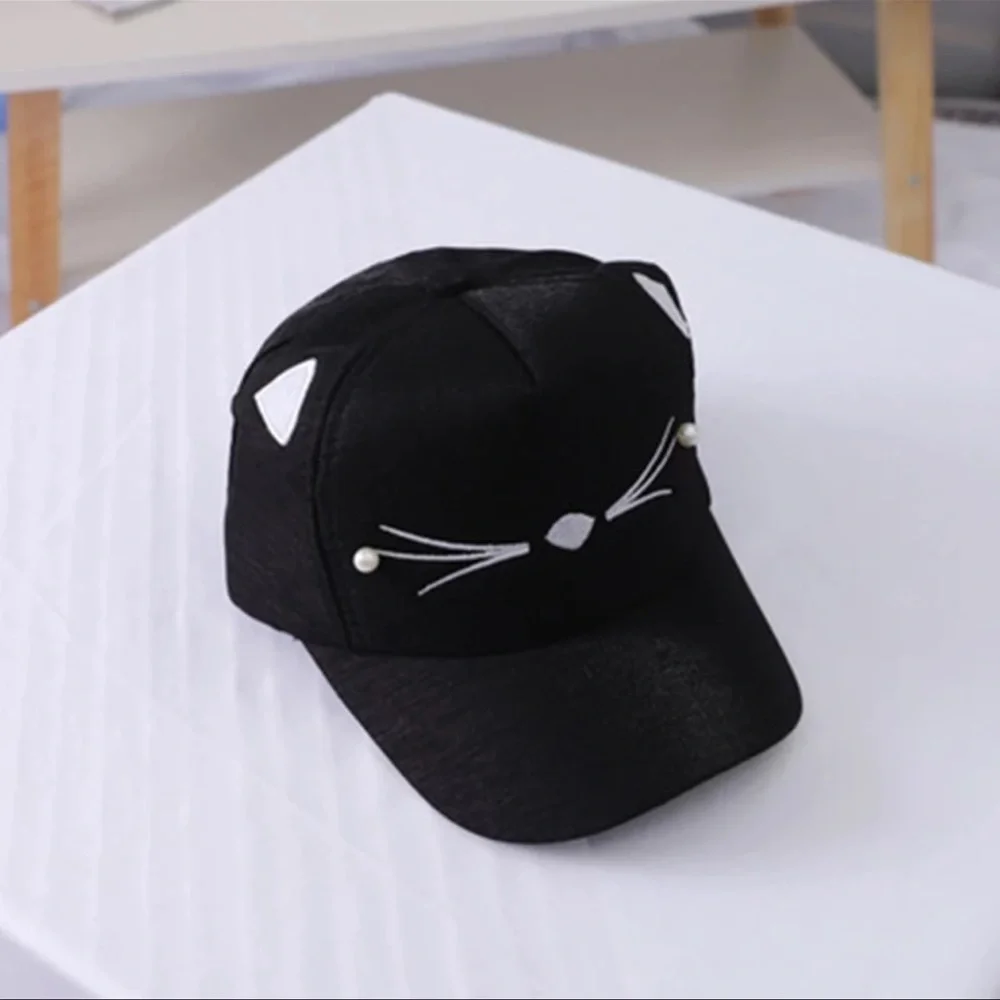 New Gentle Meow Women’s Black Baseball Cat Cap Hat With Whiskers & Ears Polar - Picture 5 of 16